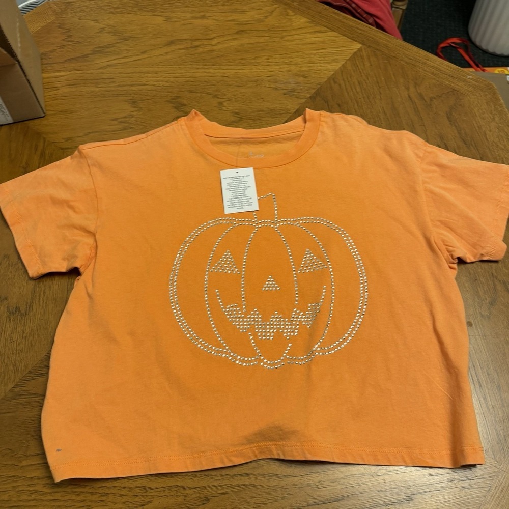 Goodie Two Sleeves Halloween Pumpkin Rhinestone Tee‎ Shirt Women L Orange NWT
